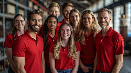 Capture the camaraderie of teamwork with 12 individuals, more men than women, all sporting vibrant red polos. Set against the backdrop of a softly blurred warehouse environment, basked in the glow of 