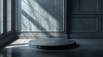 Fototapeta premium Black podium on the marble floor with dark wall background.