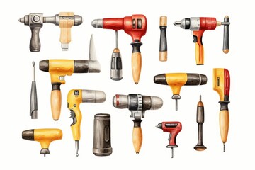 A set of watercolor illustrations of various power tools. The tools are all different colors and have different attachments. - obrazy, fototapety, plakaty