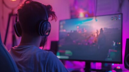 Gamer Engrossed in a Fantasy World Game at Night