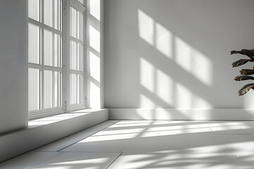 Empty room with white minimalist background for product presentation, in the style of modern interior concept.