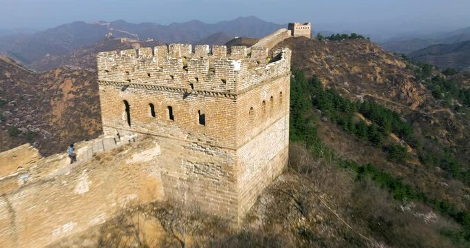 Fly Back Over The Jinshanling Great Wall In The Mountainous Area of Luanping County, Chengde, Hebei Province, Beijing, China. Aerial Shot