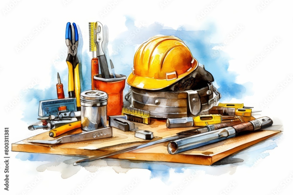 Wall mural A watercolor painting of a variety of construction tools arranged on a wooden table. The tools include a hard hat, a pair of pliers, a wrench, a screwdriver, a hammer, and a saw.