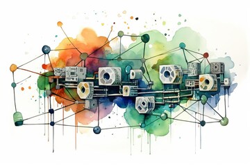 An abstract watercolor painting of a complex network of interconnected machines
