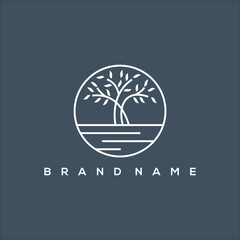 Summer art line icon logo with circle tree and lake