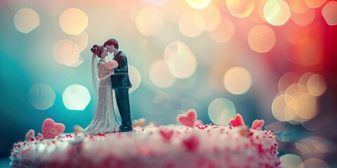 Miniature people : Bride and groom couple standing on The stage , Happy valentine's day concept, - Powered by Adobe