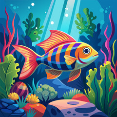 Naklejka premium fish in the water, Group of neon tetra fish, glinting under studio lighting, acrylic painting, vibrant color, against a dark aquatic background, mid-angle shot