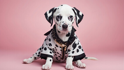 Innovative animal fashion, Dalmatian puppy sporting high-end couture in a vibrant, eye-catching ad.