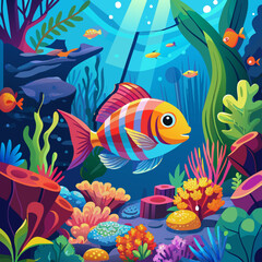 fish and coral reef, fish in the water, Group of neon tetra fish, glinting under studio lighting, acrylic painting, vibrant color, against a dark aquatic background, mid-angle shot