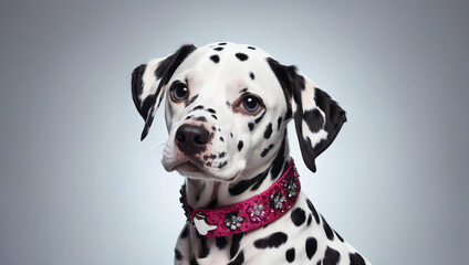 Innovative animal fashion, Dalmatian puppy sporting high-end couture in a vibrant, eye-catching ad.