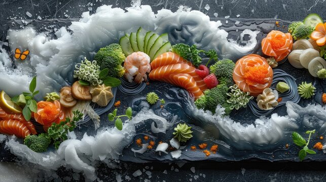 A beautiful and creative sushi platter, arranged on a black stone slab. The sushi is made with fresh salmon, tuna, and shrimp, and is decorated with colorful vegetables and herbs. The platter is surro