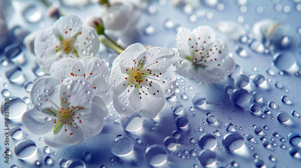 Wall mural AI generated illustration of white flowers covered with raindrops