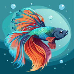 Colorful betta fish, displaying long flowing fins, photo, with muted color tone, cool lighting, blurry background, close-up shot, surrounded by small bubbles