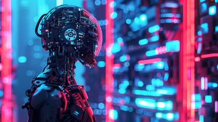 AI Act EU, Robot monitors screens with data, 16:9 