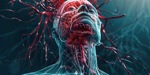 Subarachnoid Hemorrhage: The Sudden Severe Headache and Neck Stiffness - Picture a person experiencing a sudden, severe headache, with highlighted blood vessels in the brain - obrazy, fototapety, plakaty