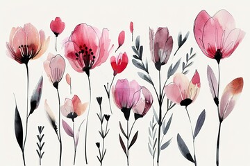 minimalistic design Watercolor flowers, leaves, scribbles, rough brush strokes, textures background