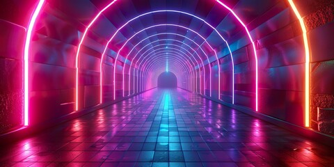 modern conceptual light tunnel. Retro disco lights. Neon background.