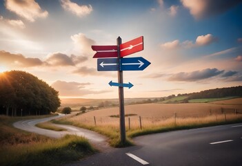 A wooden signpost with red and blue arrows pointing in different directions on a rural road at sunset, with a cloudy sky in the background