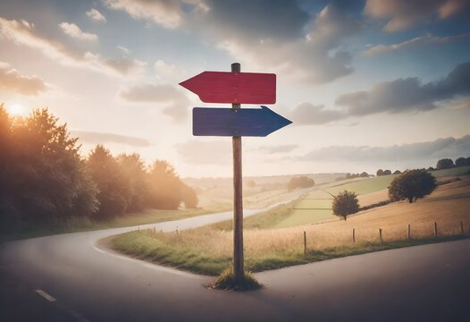 A wooden signpost with red and blue arrows pointing in different directions on a rural road at sunset, with a cloudy sky in the background