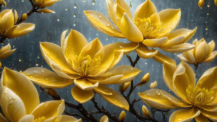 Yellow magnolia flowers with drops of water on a branch during rain in the garden in spring. illustration