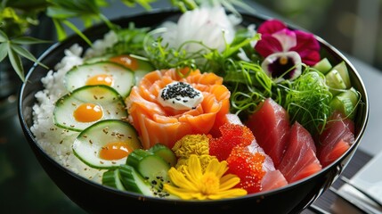 A beautiful bowl of poke with salmon, tuna, and vegetables.