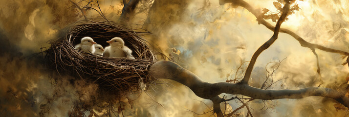 Touching scene of newborn birds nestled in a nest perched on a tree branch in a golden forest