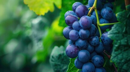 photo of bunch of plump deep blue purple grapes fruit in garden with copy space