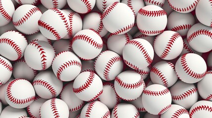 Baseballs in a seamless design, classic red stitch on white, suited for a baseball magazine cover, eyelevel view
