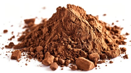 Brown cocoa powder explosion isolated on white background. Food photography with dynamic movement.