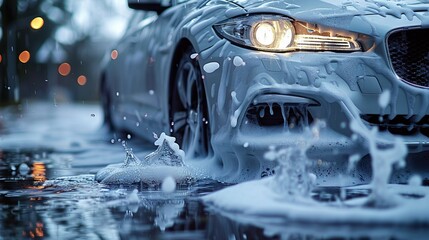 Car Driving Through Puddle of Water.