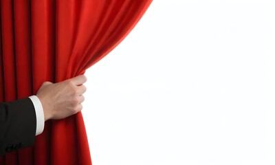 A hand pulling open a red curtain, revealing a white background