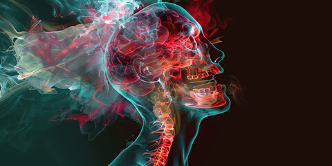 Brainstem Stroke: The Coordination Problems and Difficulty Swallowing - Picture a person with highlighted brainstem area, showing signs of coordination difficulties and swallowing problems - obrazy, fototapety, plakaty