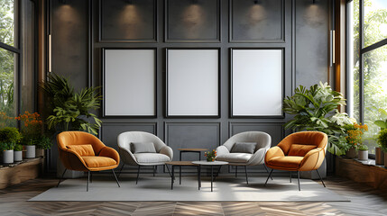 minimalist style lobby hotel space afternoon with black walls ,green plants,chandelier,cozy sofa,...