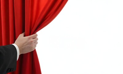A hand pulling open a red curtain, revealing a white background