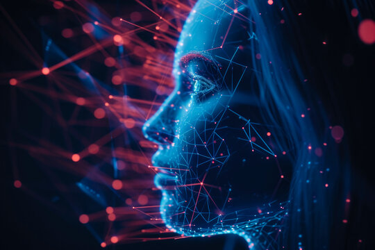 Artificial intelligence. AI head with neural network brain hanging over virtual digital podium. - Powered by Adobe