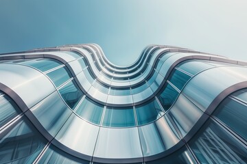 dynamic curves of a modern glass building with clear blue sky bottom to top view