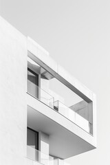 modern architectural detail of white building with advance protruding balcony