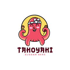 Takoyaki food logo, illustration of an octopus holding Takoyaki in a circle