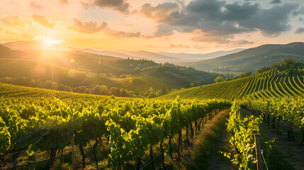Panoramic view of beautiful vineyard landscape growing in rows for wine production with peaceful...