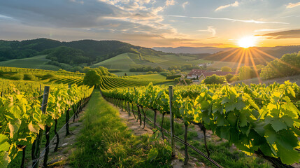Panoramic view of beautiful vineyard landscape growing in rows for wine production with peaceful...