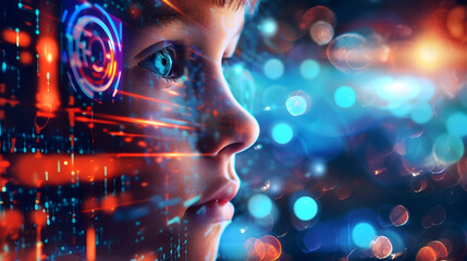 Abstract digital background with blue and red lights, closeup of child's face surrounded by...
