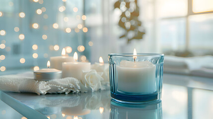 Serene spa setting with candles and soft lighting, creating an atmosphere of relaxation and tranquility - Powered by Adobe