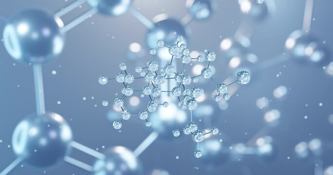 Ulobetasol propionate, rotating 3D model of synthetic glucocorticoid corticosteroid, seamless looped video, molecular structure with selective focus