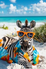 Fototapeta premium Fashionable zebra in chic orange sunglasses and vibrant hawaiian shirt stands out with trendy style