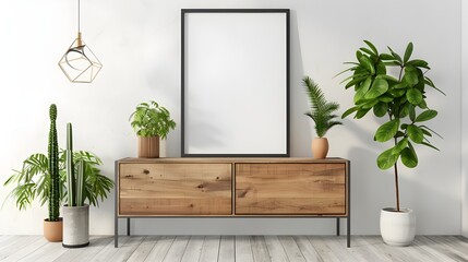 living room interior with wooden sideboard and mock up frame 3D rendering, Poster with sideboard near the wooden wall and the living room interior in beige. ai generated 