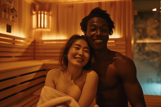 Relaxed Together in Sauna Serenity black men and asian women. blasian