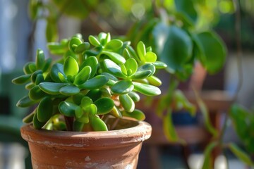Jade plant with bright green leaves in a clay pot in a sunny patio garden.