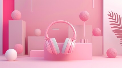 Pink monochromatic setup with headphones and abstract spheres.