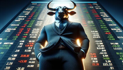 Anthropomorphic bull in a tailored suit stands confidently before an illuminated stock market data display.