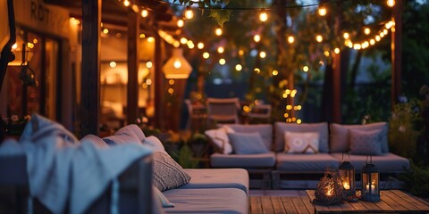 Photo of a cozy outdoor living space with multiple couches and string lights